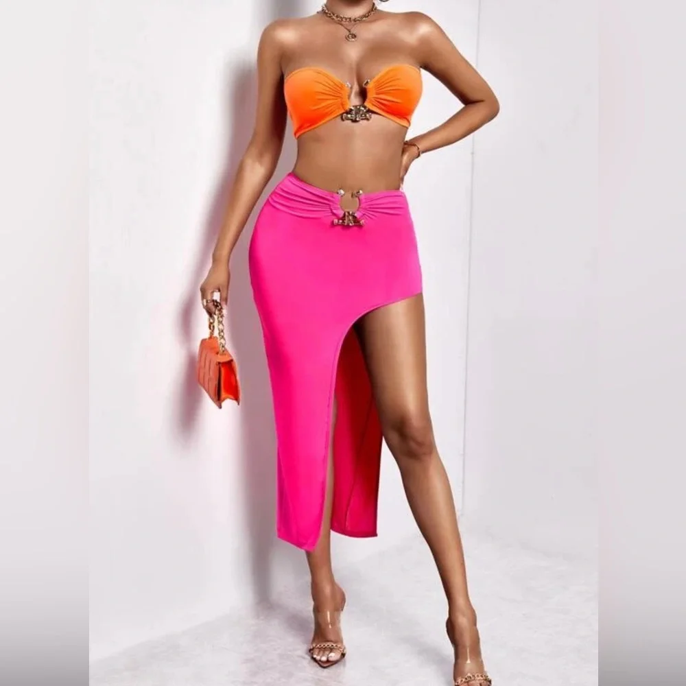 ☀️ Neon Pink Asymmetrical Skirt & Orange Bandeau Top 💕 - Picture 1 of 6